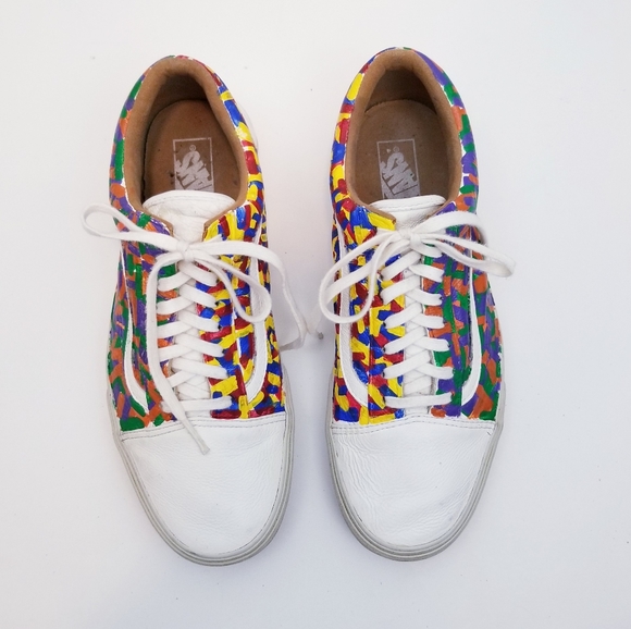 Vans Old Skool Leather Custom Painted Lace Up Sneakers, Size 11 - Picture 2 of 16